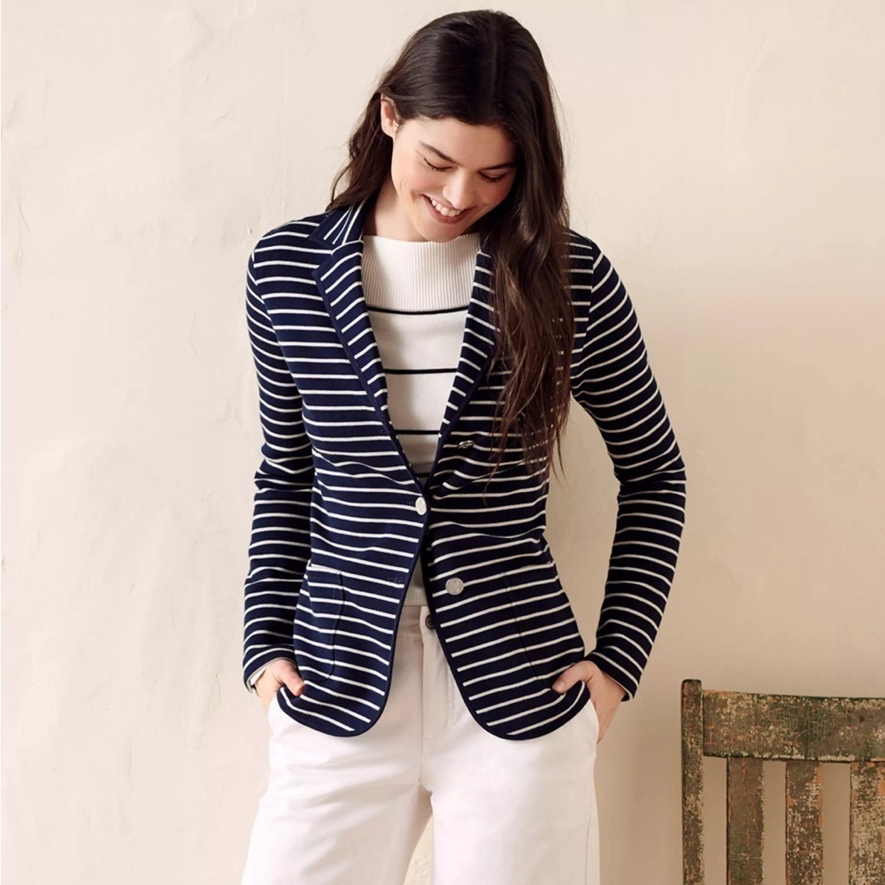 Chaps 2X Knit‎ Blazer Button Front Blue White Striped Nautical